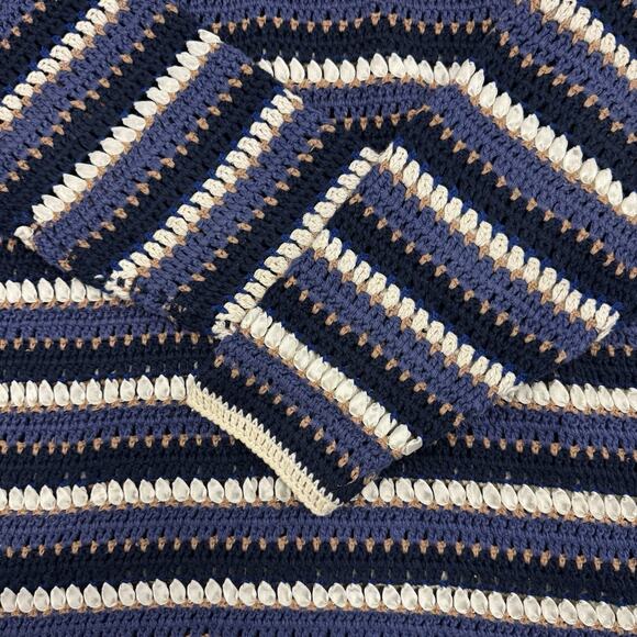 Vintage Segue Womens Sweater Tunic Long Striped Crochet Fisherman Ribbon Blue - Picture 2 of 10